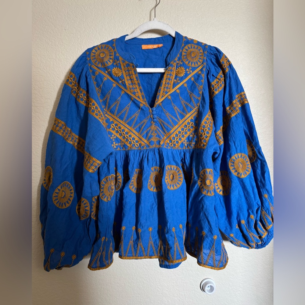 Oliphant Mandarin Balloon Sleeve Top Sz Medium Soleil Blue Cotton Boho Flowy - Picture 4 of 9